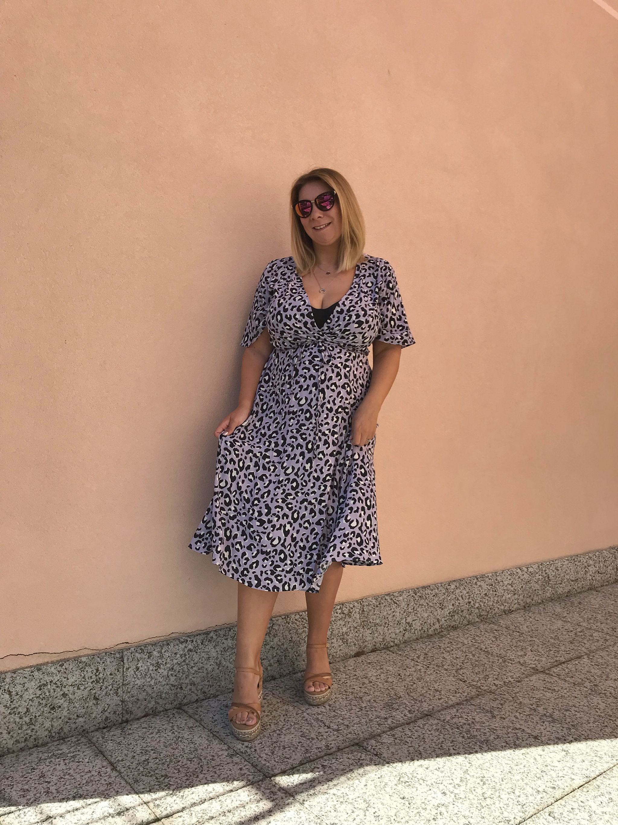 Feeling pretty wearing New Look Lilac Leopard Print Midi Wrap Dress