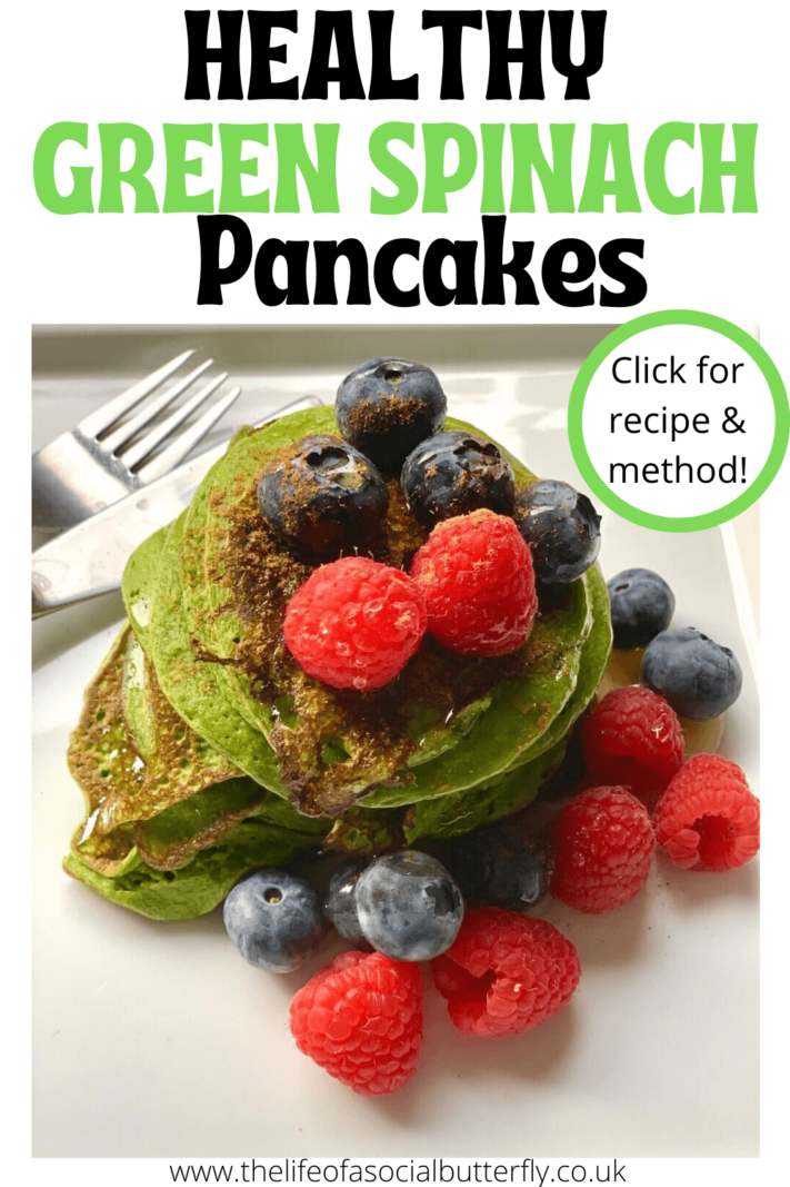 Get your greens with this 5 minute healthy green spinach banana pancakes recipe - easy to make from scratch with a method included for vegans, healthy pancakes for kids & protein pancakes included! Green pancakes have never tasted better! #healthybreakfastideas