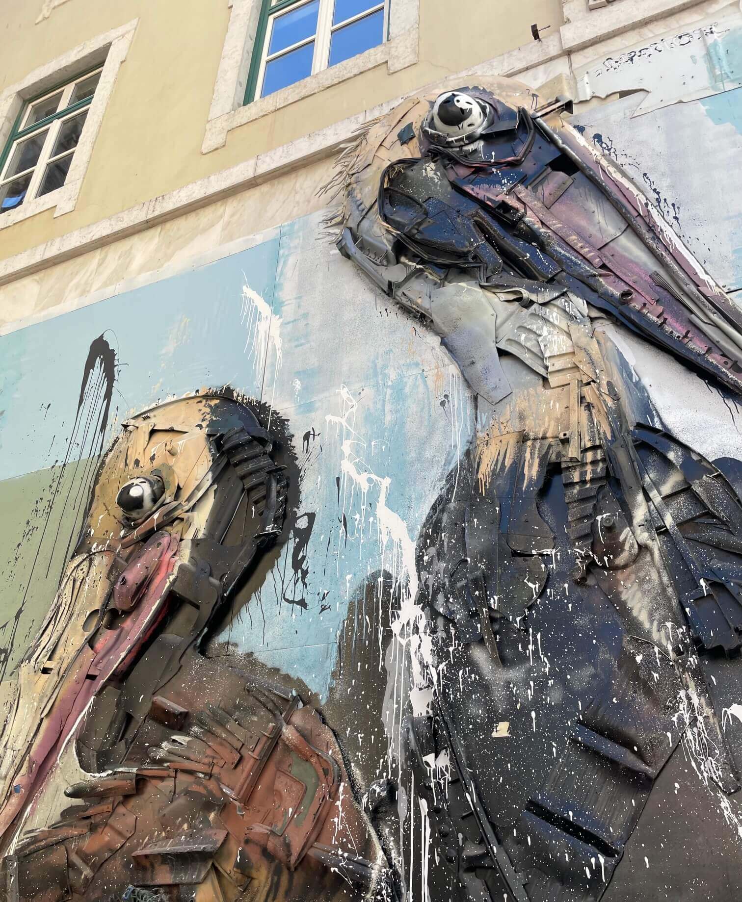 Street-Art-Bordalo-Two-Pelicans-Santa-Justa-Lift-Lisbon