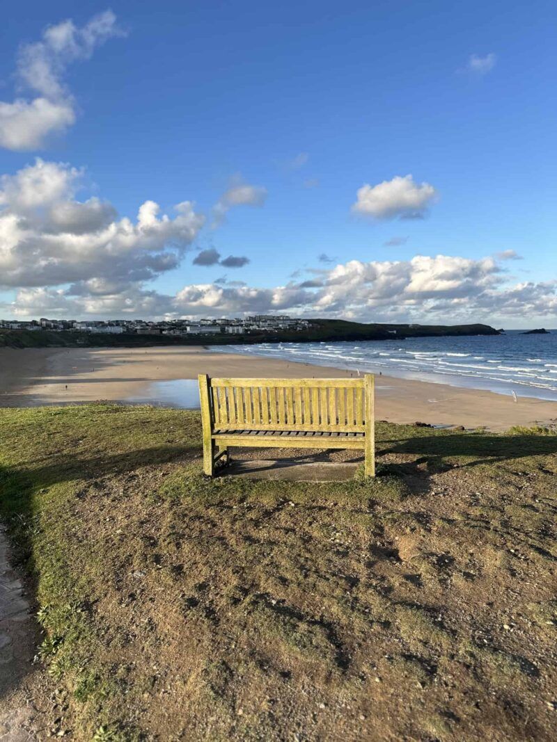 The Witches Hotel bench view of Fistral Beach